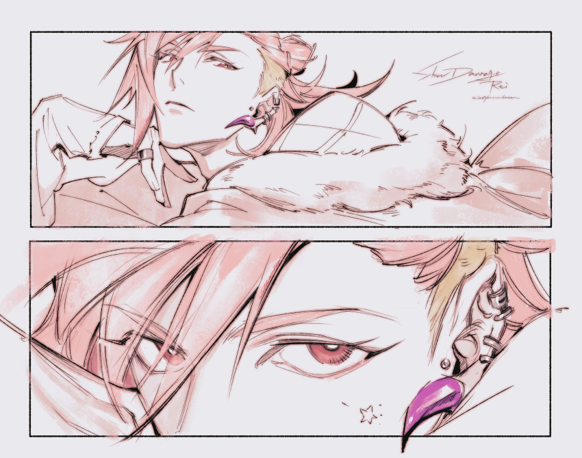 1boy, border, caloserrr, close-up, commentary, ear_piercing, eye_focus, fur-trimmed_jacket