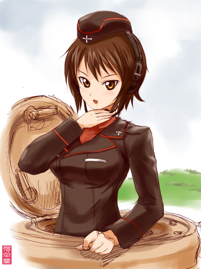 1girl, artist_logo, black_jacket, brown_eyes, brown_hair, clenched_hand, commentary_request, cross, dress_shirt, garrison_cap, girls_und_panzer, hands_on_own_neck, hat, hatch, iron_cross, jacket, kuromorimine_military_uniform, logo, long_sleeves, looking_at_viewer, maira_gen, military, military_hat, military_jacket, military_uniform, military_vehicle, motor_vehicle, nishizumi_maho, on_tank, open_mouth, red_shirt, shirt, short_hair, simple_background, solo, tank, throat_microphone, tiger_i, upper_body, white_background