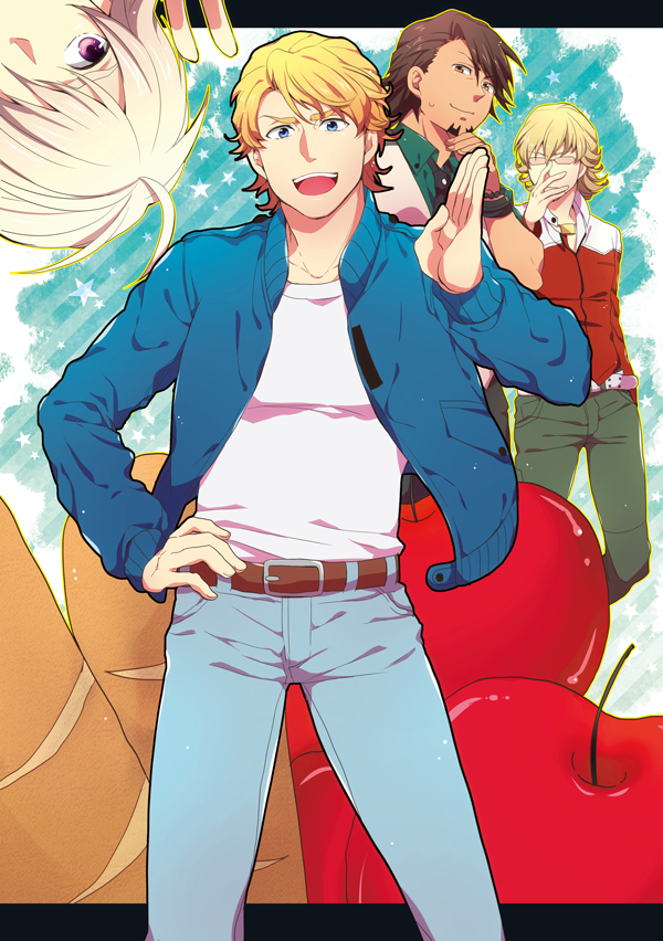 apple, barnaby_brooks_jr, belt, blonde_hair, blue_eyes, blue_jacket, bomber_jacket, bread