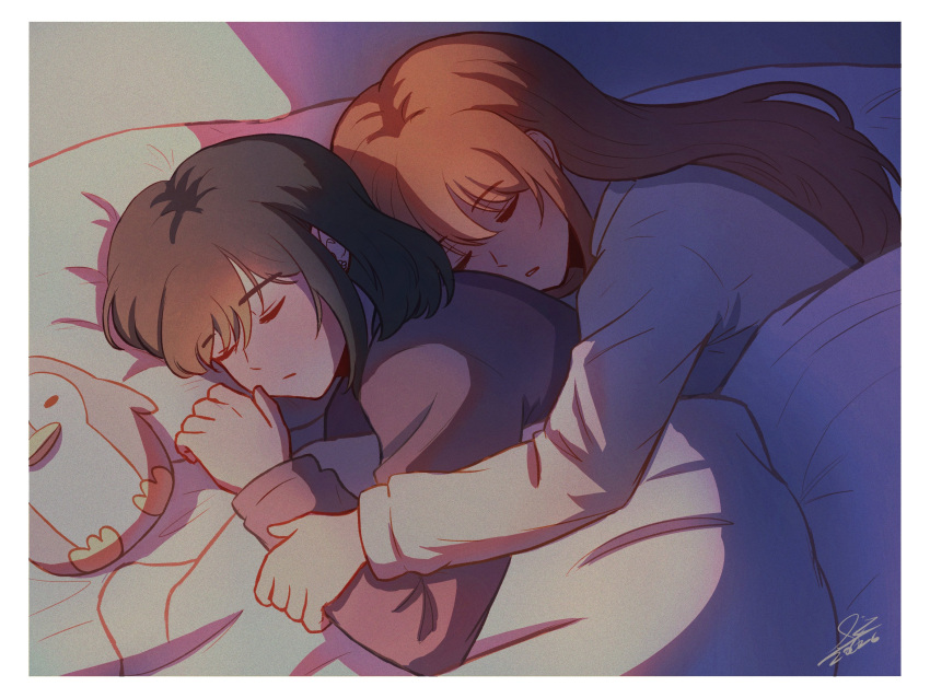 2girls, absurdres, black_hair, black_shirt, brown_hair, closed_eyes, closed_mouth, commentary, cuddling, dated, highres, long_hair, medium_hair, miyagi_shiori, multiple_girls, parted_lips, piapie06, sendai_hazuki, shirt, shuuniichido_classmate_wo_kau_hanashi, sleeping, sleeping_together, stuffed_animal, stuffed_penguin, stuffed_toy, under_covers, untranslatable_commentary, white_shirt, yuri