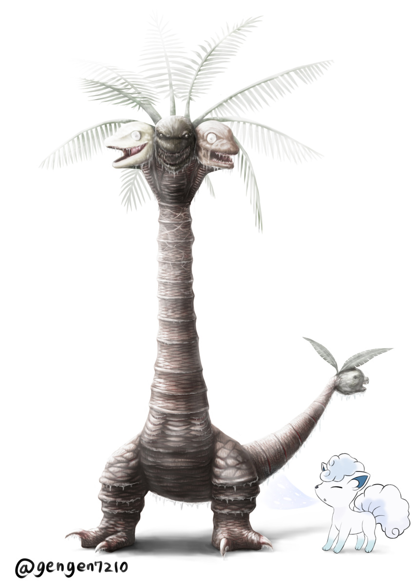 absurdres, alolan_exeggutor, alolan_vulpix, animal_ears, artist_name, bal_(uqdf), breath_weapon, breathing_ice