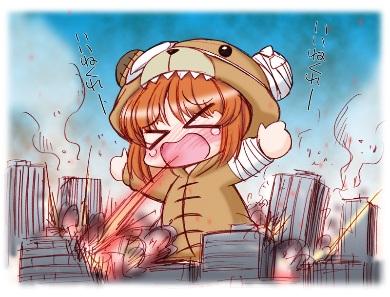 >_<, 1girl, animal_costume, bear_costume, blush, bocchi_the_rock!, boko_(girls_und_panzer), breath_weapon