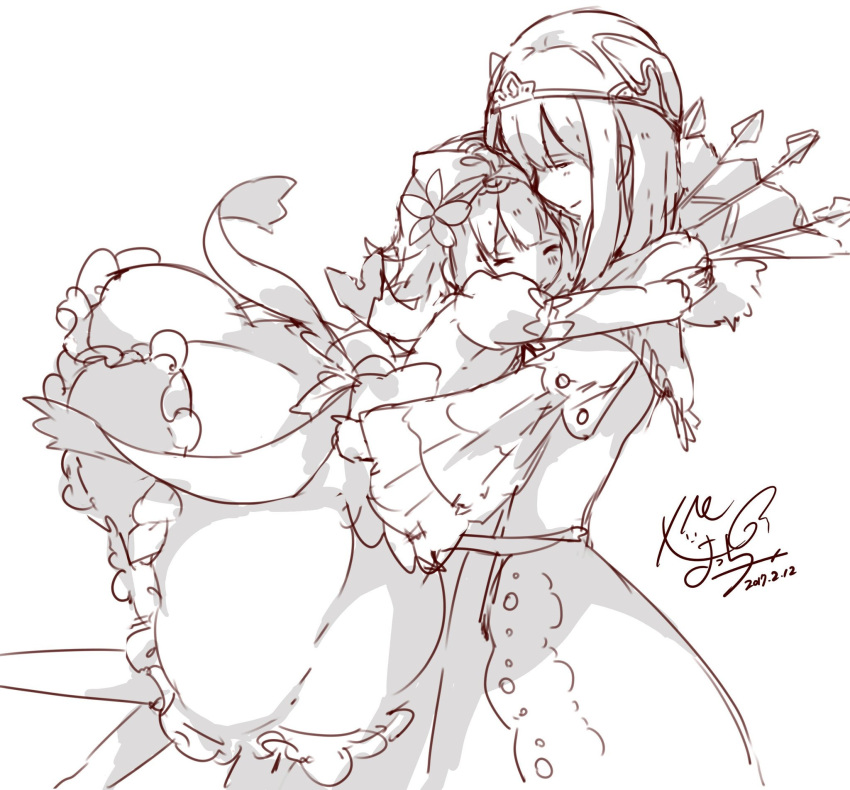 2girls, az_9649, closed_mouth, commentary_request, dated, dress, evil_queen_(grimms_notes), evil_queen_(original)_(grimms_notes), flower, frilled_sleeves, frills, fur_trim, greyscale, grimms_notes, hair_flower, hair_ornament, hair_ribbon, highres, hug, monochrome, multiple_girls, profile, ribbon, signature, simple_background, smile, snow_white_(grimms_notes), snow_white_(original)_(grimms_notes), standing, translation_request, white_background, wide_sleeves