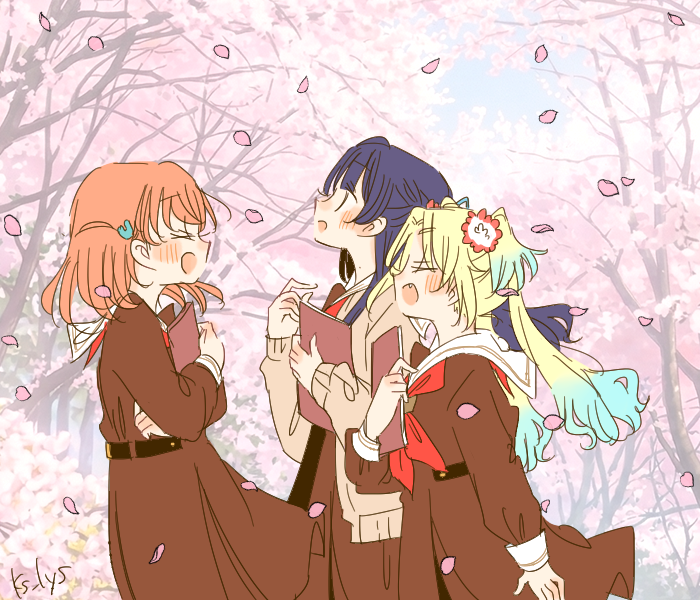 3girls, :d, ^_^, blonde_hair, blue_hair, blush, brown_dress, cherry_blossoms