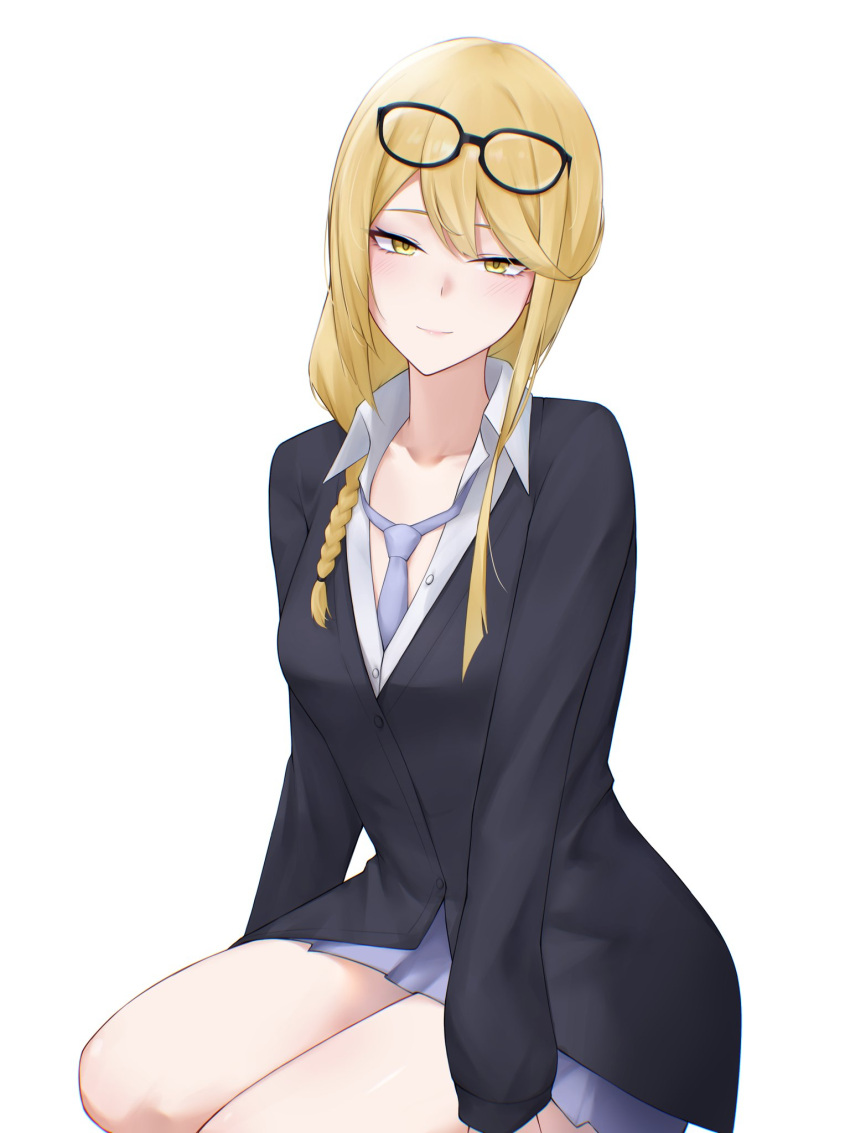1girl, black_cardigan, blonde_hair, blue_necktie, cardigan, collarbone, commentary, digimon