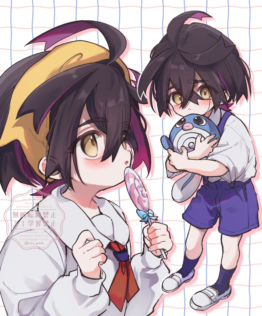 1boy, :<, aged_down, black_hair, blush, candy, child, closed_mouth