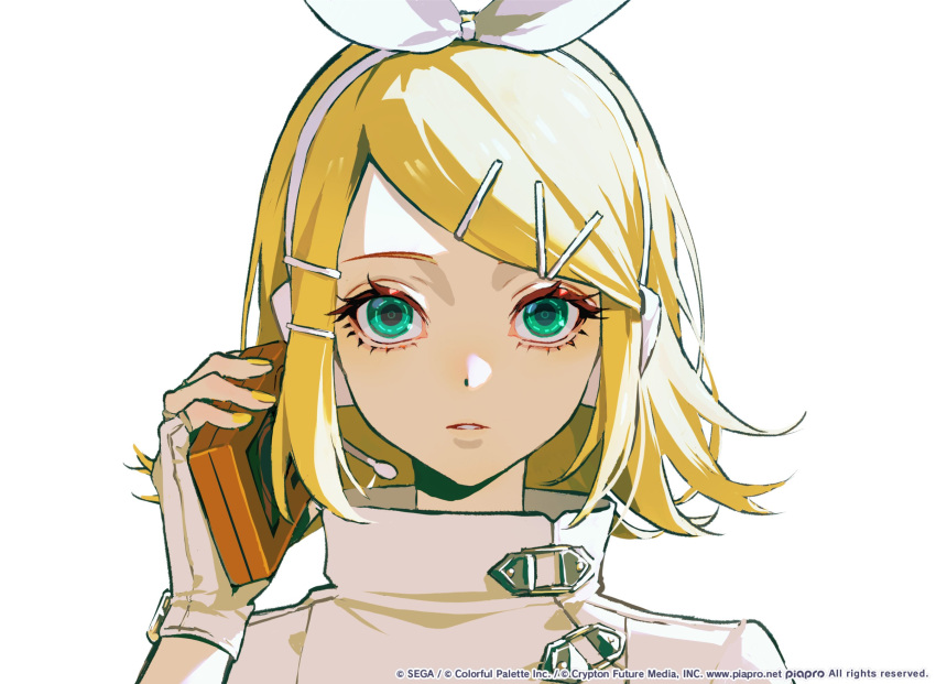 1girl, aqua_eyes, blonde_hair, bow, cassette_player, close-up, commentary_request, copyright_notice