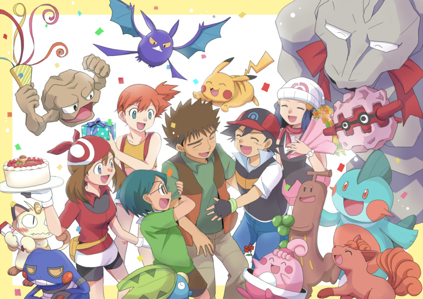 3boys, 3girls, ^_^, aqua_eyes, aqua_hair, ash_ketchum, bag, bandana