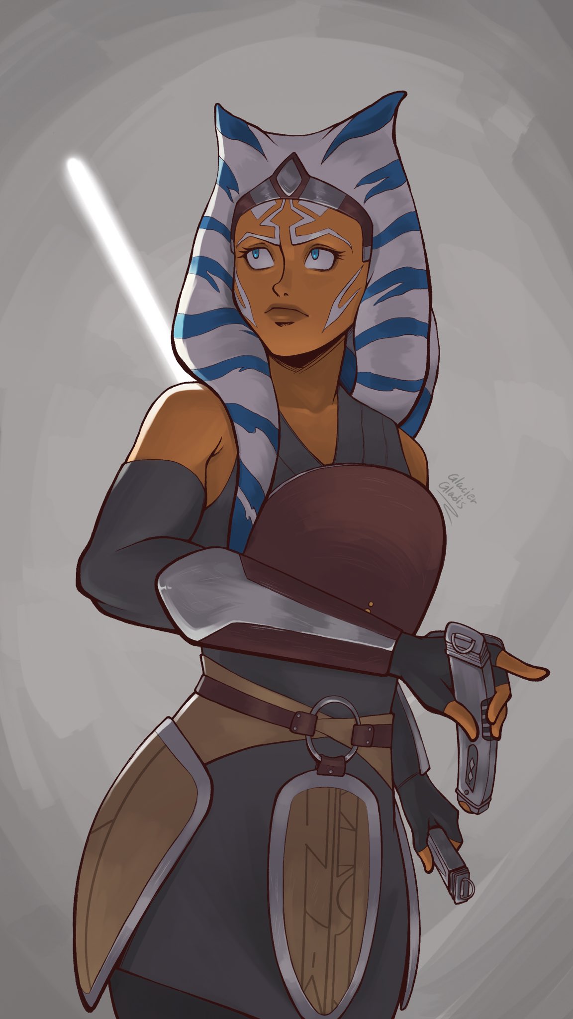 1girl, ahsoka_tano, alien, blue_eyes, colored_skin, commentary, dual_wielding, energy_sword
