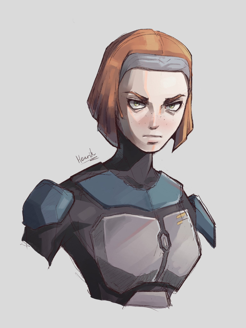 1girl, armor, bo-katan_kryze, glacier_gladis, green_eyes, grey_background, highres, looking_at_viewer