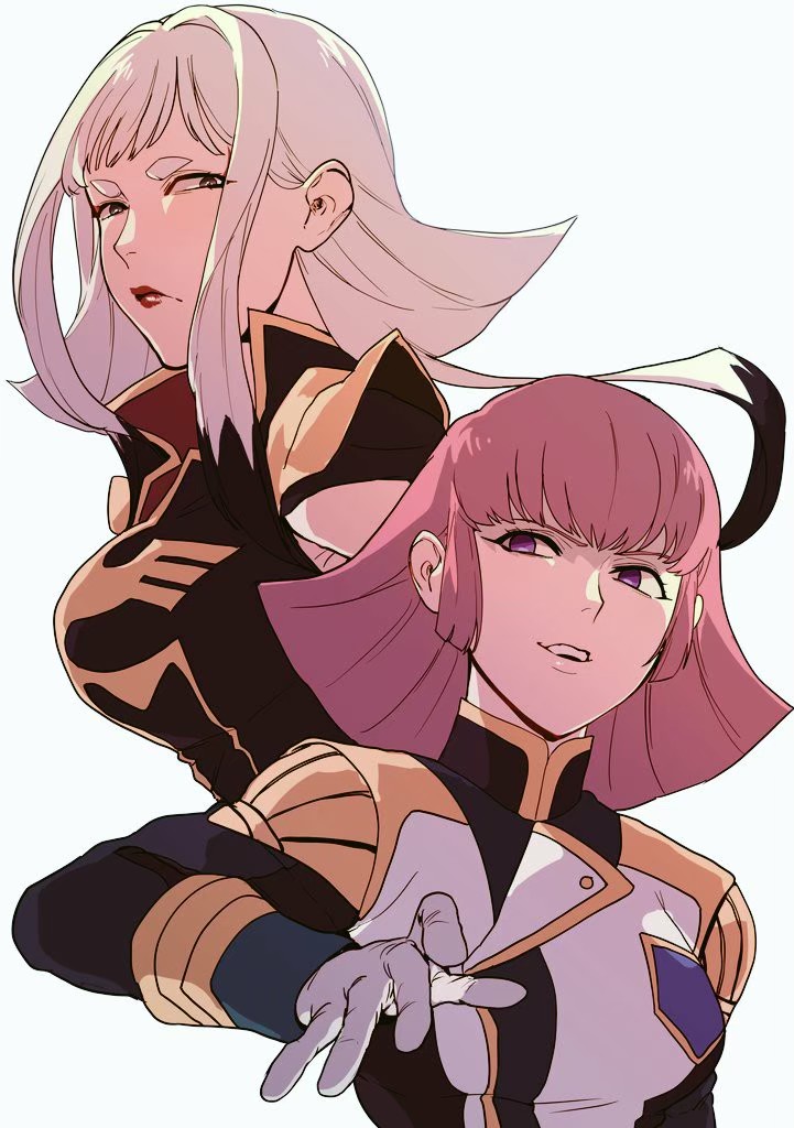 2girls, black_streaks, bob_cut, carta_issue, epaulettes, gjallarhorn, gloves, gold_trim