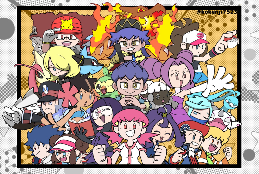 6+boys, 6+girls, :3, :o, acerola_(pokemon), adjusting_clothes, adjusting_headwear, altaria, aqua_eyes, aqua_hair, barry_(pokemon), baseball_cap, black_gloves, black_hair, black_hat, black_jacket, blonde_hair, blue_eyes, blue_hair, blue_jacket, blue_scarf, blunt_bangs, book, brown_hair, cape, cetoddle, champion_uniform, charizard, clenched_hands, closed_eyes, closed_mouth, colored_sclera, commentary_request, dark-skinned_female, dark-skinned_male, dark_skin, double_bun, dress, dynamax, elbow_gloves, excadrill, fantina_(pokemon), fingernails, fire, flower, geodude, gigantamax, gigantamax_charizard, glasses, gloves, green_scarf, grey_eyes, grey_hair, grookey, grusha_(pokemon), hair_bun, hair_flower, hair_intakes, hair_ornament, hair_over_one_eye, hat, helmet, highres, hilda_(pokemon), holding, holding_book, holding_poke_ball, holding_stick, hugh_(pokemon), ingo_(pokemon), jacket, kokenji7523, leon_(pokemon), long_hair, long_sleeves, lucario, lucas_(pokemon), medium_hair, milotic, mining_helmet, multicolored_jacket, multiple_boys, multiple_girls, one_eye_closed, open_book, open_clothes, open_jacket, open_mouth, orange_eyes, outstretched_arm, own_hands_together, partially_fingerless_gloves, phoebe_(pokemon), pink_hair, poke_ball, poke_ball_(basic), pokemon, pokemon_(creature), pokemon_black_2_and_white_2, pokemon_black_and_white, pokemon_diamond/pearl/platinum, pokemon_heartgold_and_soulsilver, pokemon_omega_ruby_and_alpha_sapphire, pokemon_platinum, pokemon_scarlet_and_violet, pokemon_sword_and_shield, purple_dress, purple_hair, red_cape, red_eyes, red_hat, red_helmet, roark_(pokemon), rosa_(pokemon), round_eyewear, scarf, scarf_over_mouth, shauntal_(pokemon), shirt, short_hair, short_sleeves, smile, spiky_hair, star_(symbol), stick, striped_clothes, striped_jacket, teeth, tongue, tongue_out, twintails, twitter_username, two-tone_jacket, upper_teeth_only, v-shaped_eyebrows, visor_cap, white_gloves, white_hat, white_shirt, whitney_(pokemon), wooloo, yellow_eyes, yellow_sclera