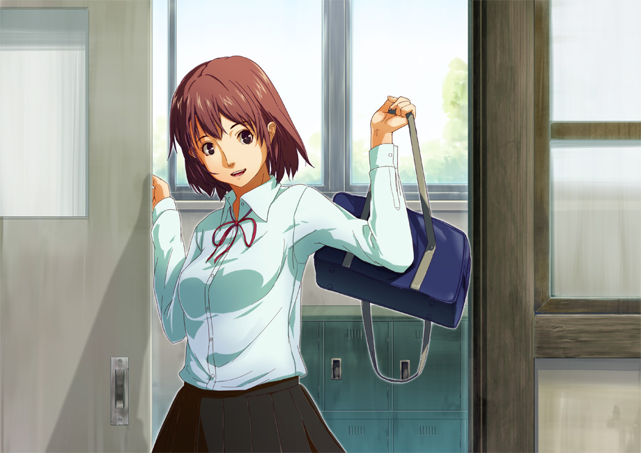 brown_eyes, brown_hair, classroom, copyright_request, door, female, girl, happy