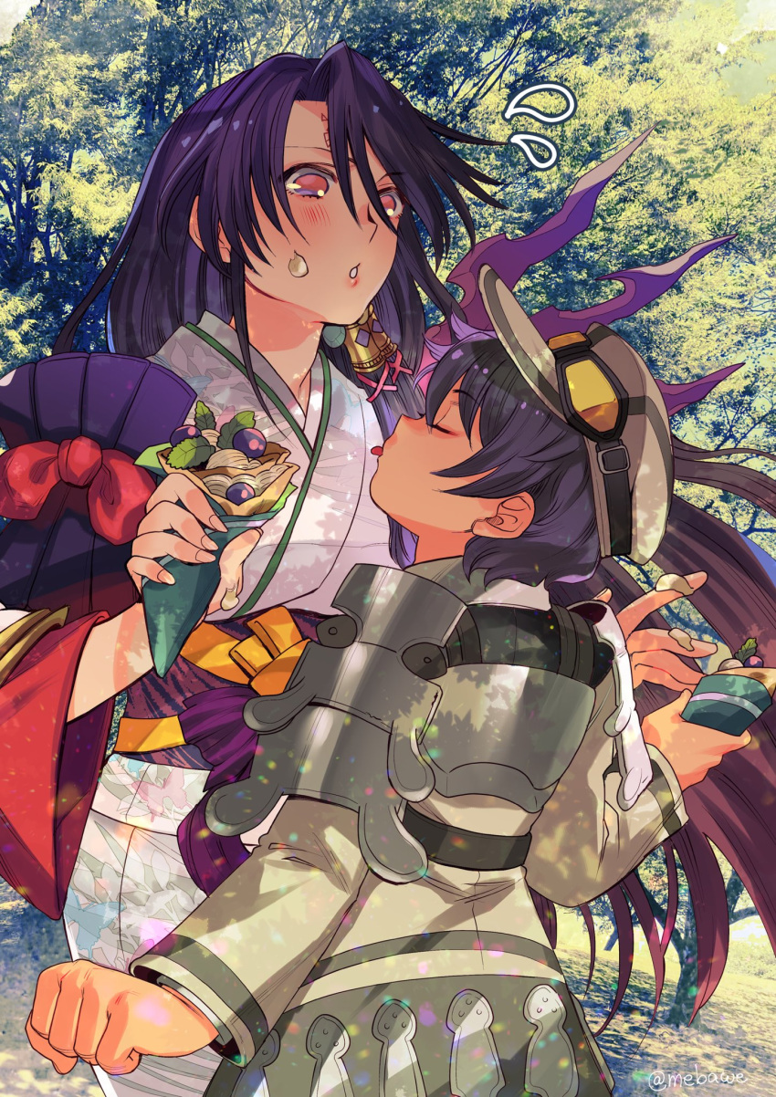 1boy, 1girl, black_hair, brown_hat, brown_shirt, closed_eyes, commentary_request, cowboy_shot