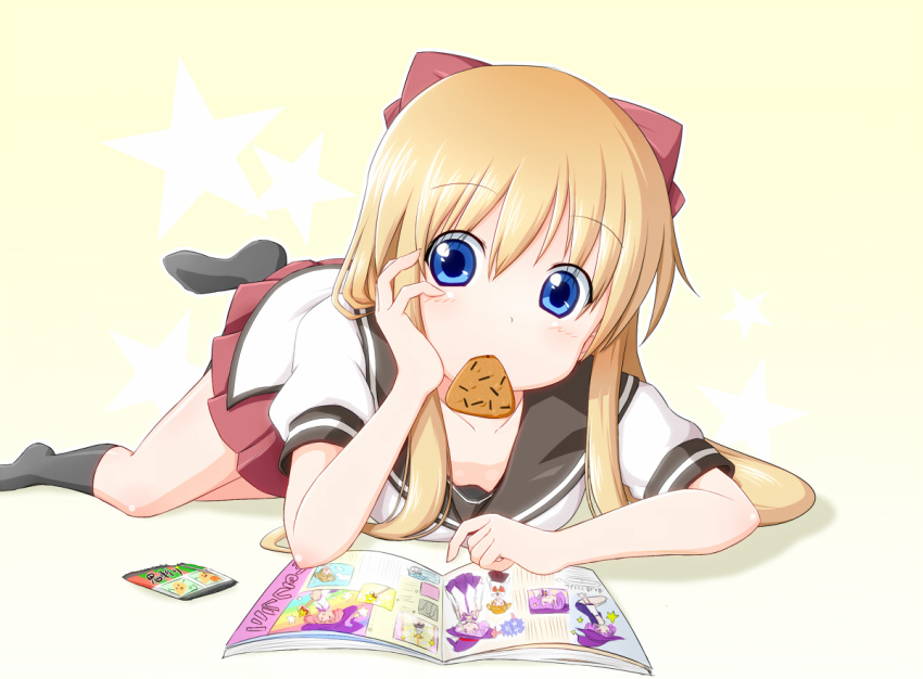 blue_eyes, bow, eating, food_in_mouth, hair_bow, highres, kurumi_(yuru_yuri), long_hair