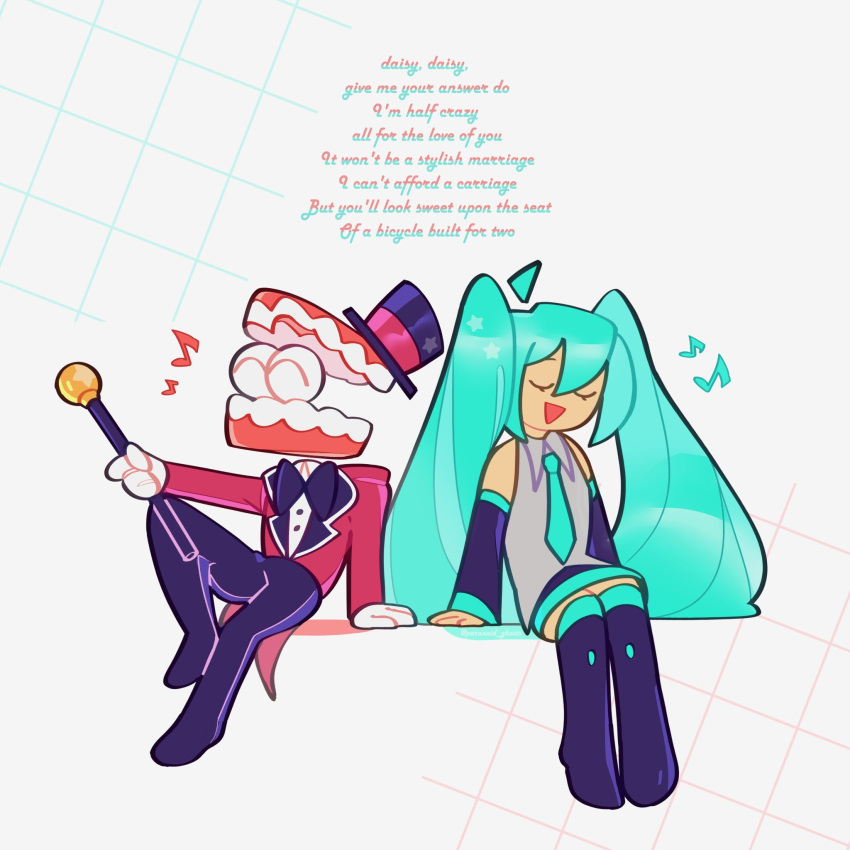 1boy, 1girl, ahoge, aqua_hair, aqua_necktie, arm_support, bare_shoulders, black_boots