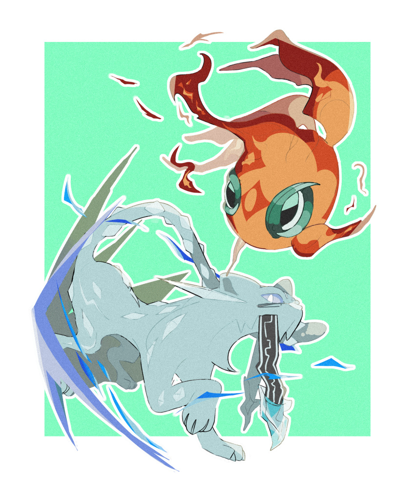 animal_focus, aqua_background, border, chi-yu_(pokemon), chien-pao, commentary_request, fire, full_body
