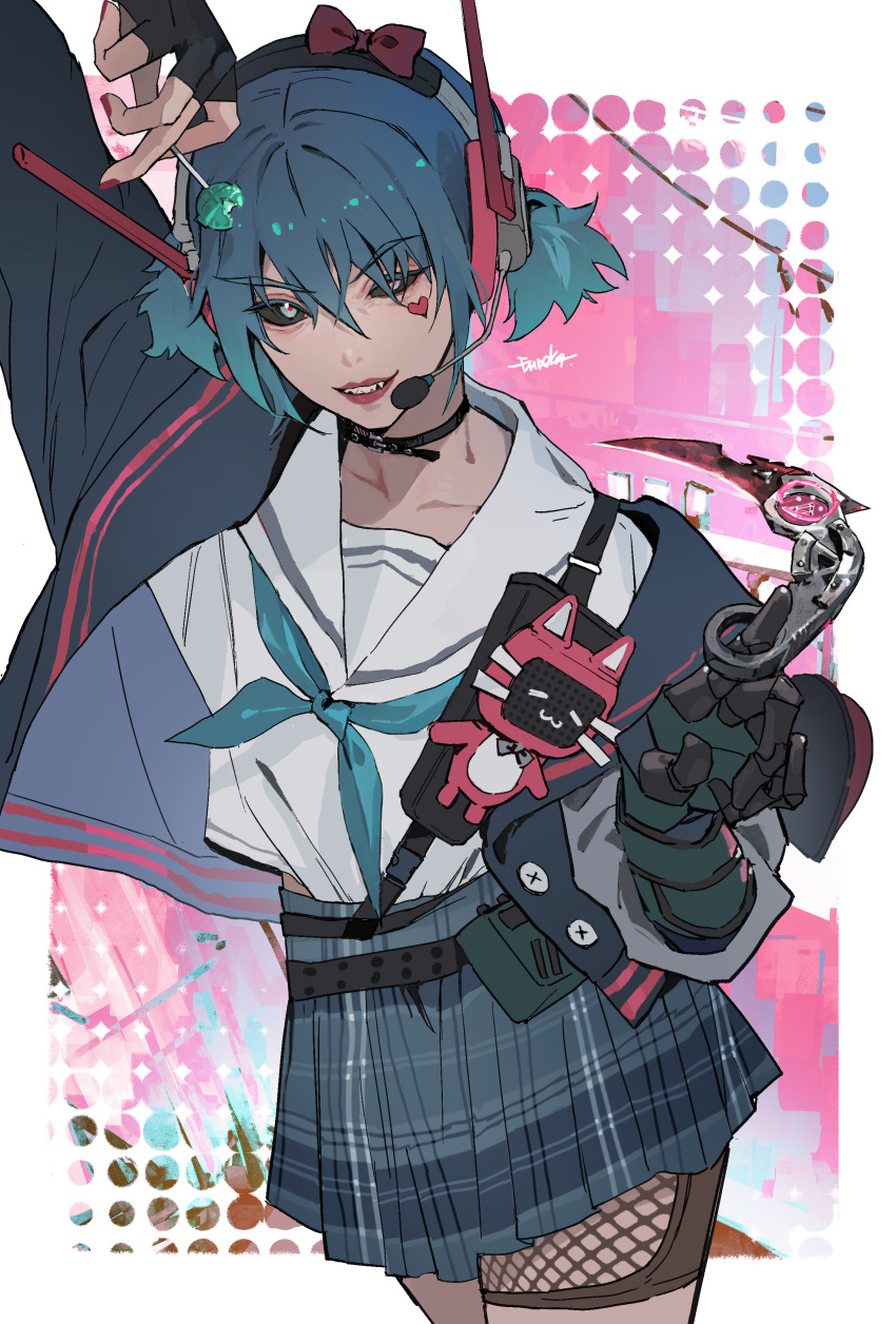 1girl, absurdres, alter_(apex_legends), alternate_costume, apex_legends, asymmetrical_gloves, belt, black_belt, black_jacket, black_sclera, blue_gloves, blue_hair, bow, candy, chinese_commentary, collarbone, colored_sclera, commentary_request, eureka1812, fingerless_gloves, food, gloves, grey_skirt, headset, highres, holding, holding_candy, holding_food, holding_knife, holding_lollipop, jacket, knife, lollipop, looking_at_viewer, mismatched_gloves, parted_lips, plaid_clothes, plaid_skirt, purple_bow, shirt, short_twintails, single_fingerless_glove, skirt, smile, solo, twintails, white_shirt, yellow_eyes