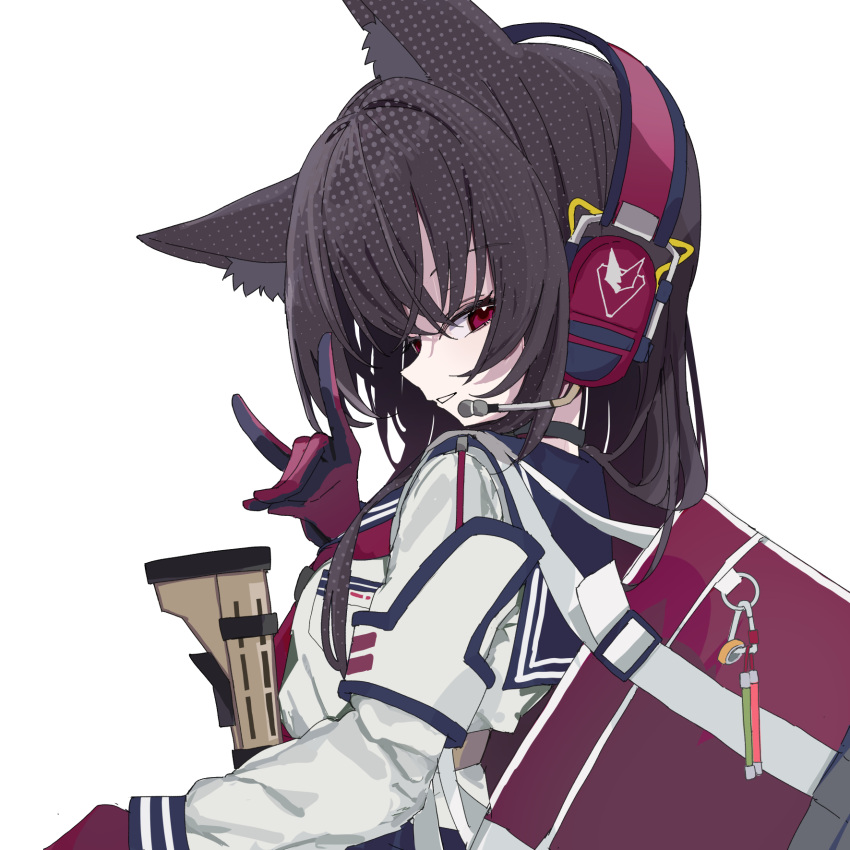 1girl, animal_ears, assault_rifle, bag, black_hair, blue_archive, blue_sailor_collar, commentary_request, fox_ears, fox_girl, fox_shadow_puppet, from_side, gloves, gun, headset, highres, inaba_reito, long_sleeves, looking_at_viewer, missing_halo, neckerchief, red_bag, red_eyes, red_gloves, red_neckerchief, rifle, sailor_collar, school_bag, shirt, simple_background, smile, solo, standing, weapon, white_background, white_shirt, yukino_(blue_archive)