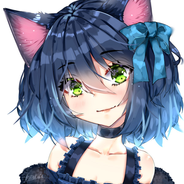 1boy, animal_ears, artist_name, bare_shoulders, black_choker, black_hair, black_jacket, blue_bow