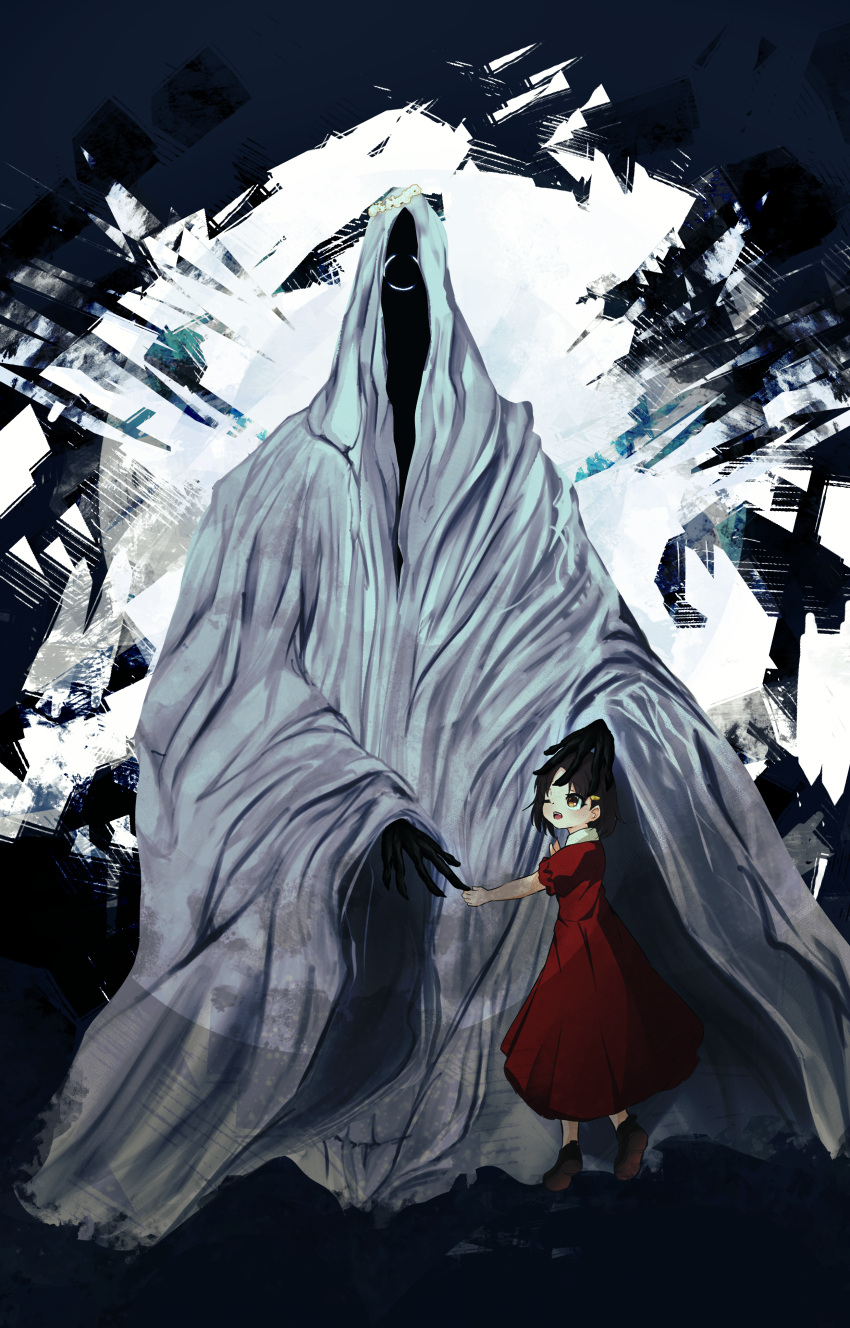 1girl, 1other, absurdres, child, cloak, commentary_request, dress, fate/strange_fake