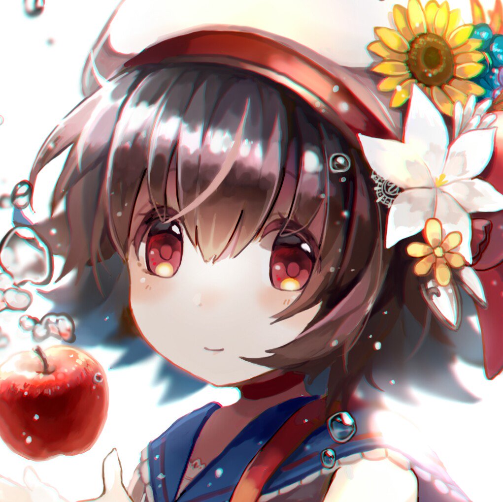 1girl, apple, az_9649, brown_hair, close-up, closed_mouth, commentary_request, flower
