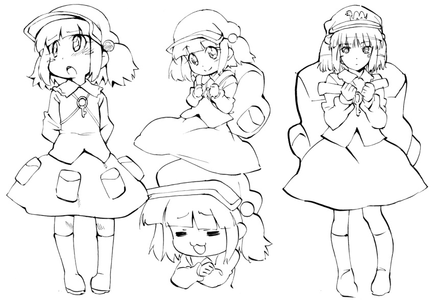 backpack, bag, blush_stickers, boots, child, expressions, hair_bobbles, hair_ornament, kawashiro_nitori, key, monochrome, neibii, touhou, twintails