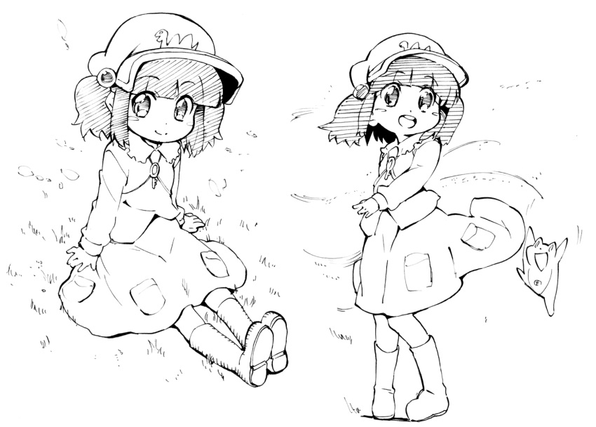 blush_stickers, boots, child, frog, hair_bobbles, hair_ornament, hat, kawashiro_nitori