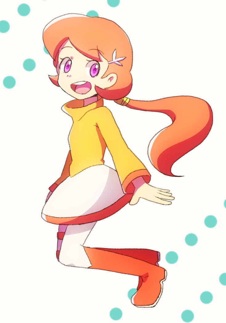 1girl, ao_anpk, boots, carla_(doraemon), commentary_request, doraemon, eyelashes, full_body, hair_ornament, long_hair, long_sleeves, open_mouth, orange_boots, orange_hair, pink_eyes, ponytail, shirt, skirt, smile, solo, teeth, upper_teeth_only, white_background, white_skirt, yellow_shirt