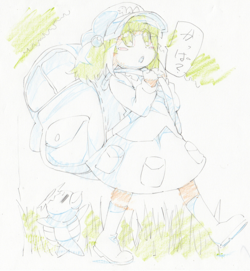 =_=, backpack, bag, blush_stickers, boots, green_eyes, green_hair, hair_bobbles