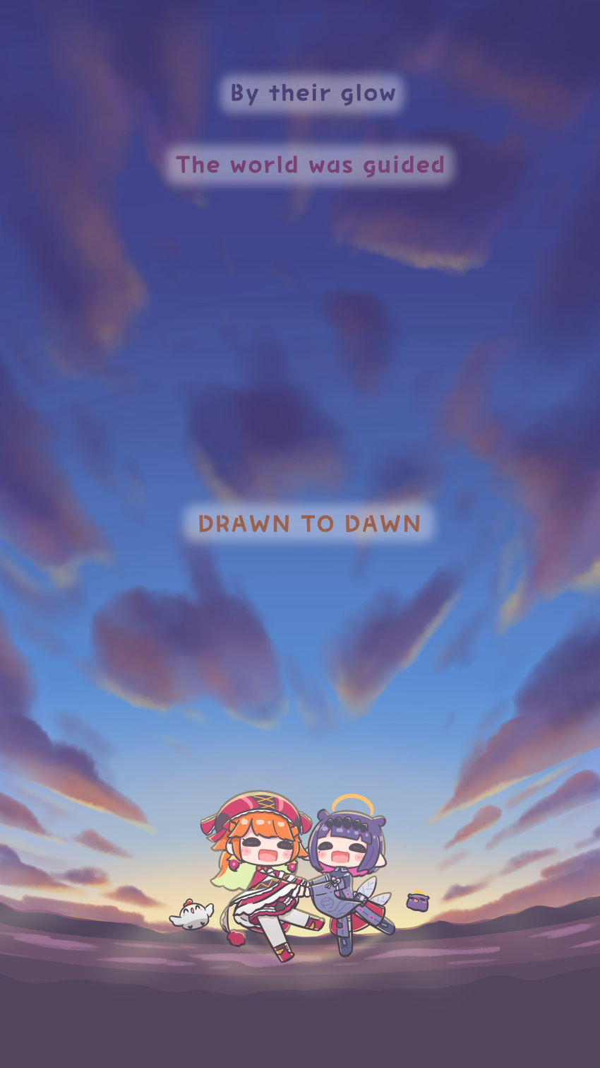 2girls, =_=, ^_^, absurdres, aqua_hair, blush_stickers, closed_eyes, commentary, dress, earrings, english_commentary, hat, highres, hololive, hololive_english, jewelry, kfp_employee_(takanashi_kiara), mole, mole_under_eye, mpien, multicolored_hair, multiple_girls, ninomae_ina'nis, ninomae_ina'nis_(drawn_to_dawn), orange_hair, pink_hair, pointy_ears, purple_dress, purple_hair, takanashi_kiara, takanashi_kiara_(drawn_to_dawn), takodachi_(ninomae_ina'nis), tentacle_hair, two-tone_hair, virtual_youtuber, wide_sleeves