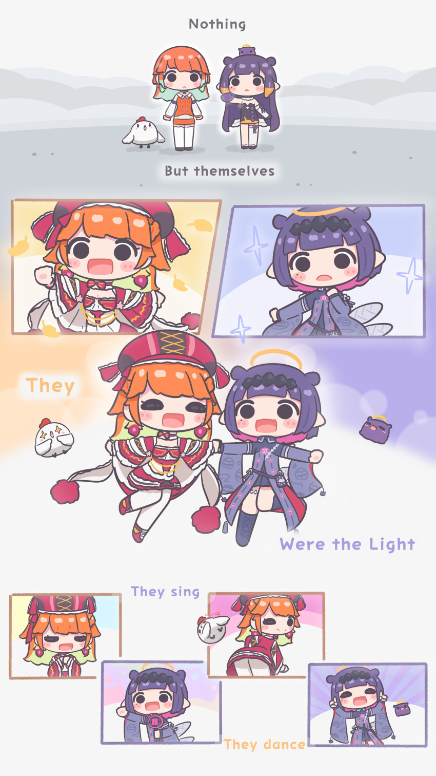 >_<, +_+, 2girls, ^_^, absurdres, aqua_hair, blood, blush_stickers, cleavage_cutout, closed_eyes, clothing_cutout, commentary, dress, english_commentary, fang, halo, hat, highres, holding_hands, hololive, hololive_english, kfp_employee_(takanashi_kiara), long_hair, medium_hair, mpien, multicolored_hair, multiple_girls, ninomae_ina'nis, ninomae_ina'nis_(1st_costume), ninomae_ina'nis_(drawn_to_dawn), nosebleed, one_eye_closed, open_mouth, orange_hair, outstretched_arm, pink_hair, pointy_ears, purple_dress, purple_hair, smile, sparkle, takanashi_kiara, takanashi_kiara_(drawn_to_dawn), takodachi_(ninomae_ina'nis), tentacle_hair, triangle_mouth, two-tone_hair, virtual_youtuber, wide_sleeves