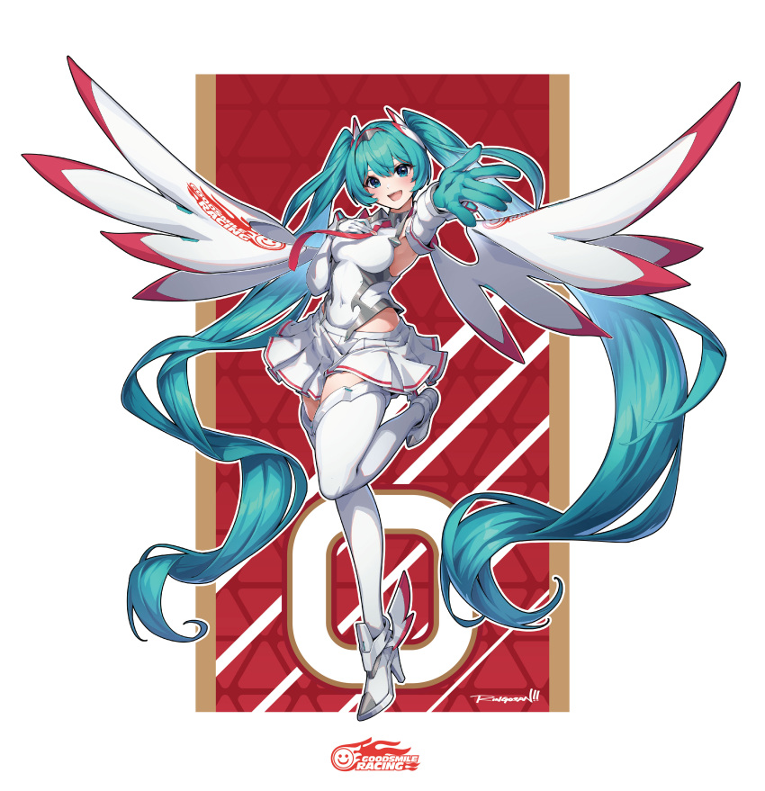 1girl, absurdres, aqua_eyes, aqua_hair, bare_shoulders, covered_navel, elbow_gloves, fake_wings
