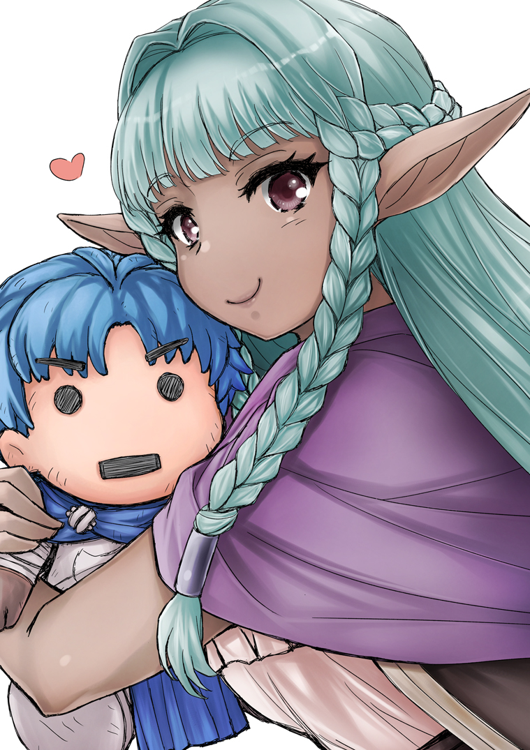 1girl, alain_(unicorn_overlord), aqua_hair, braid, capelet, character_doll, closed_mouth, dark-skinned_female