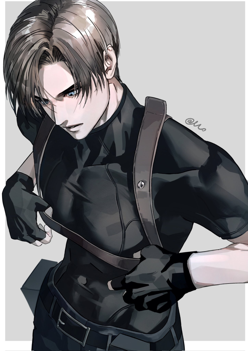 1boy, belt_pouch, black_gloves, black_pants, black_shirt, blue_eyes, brown_hair, chest_harness