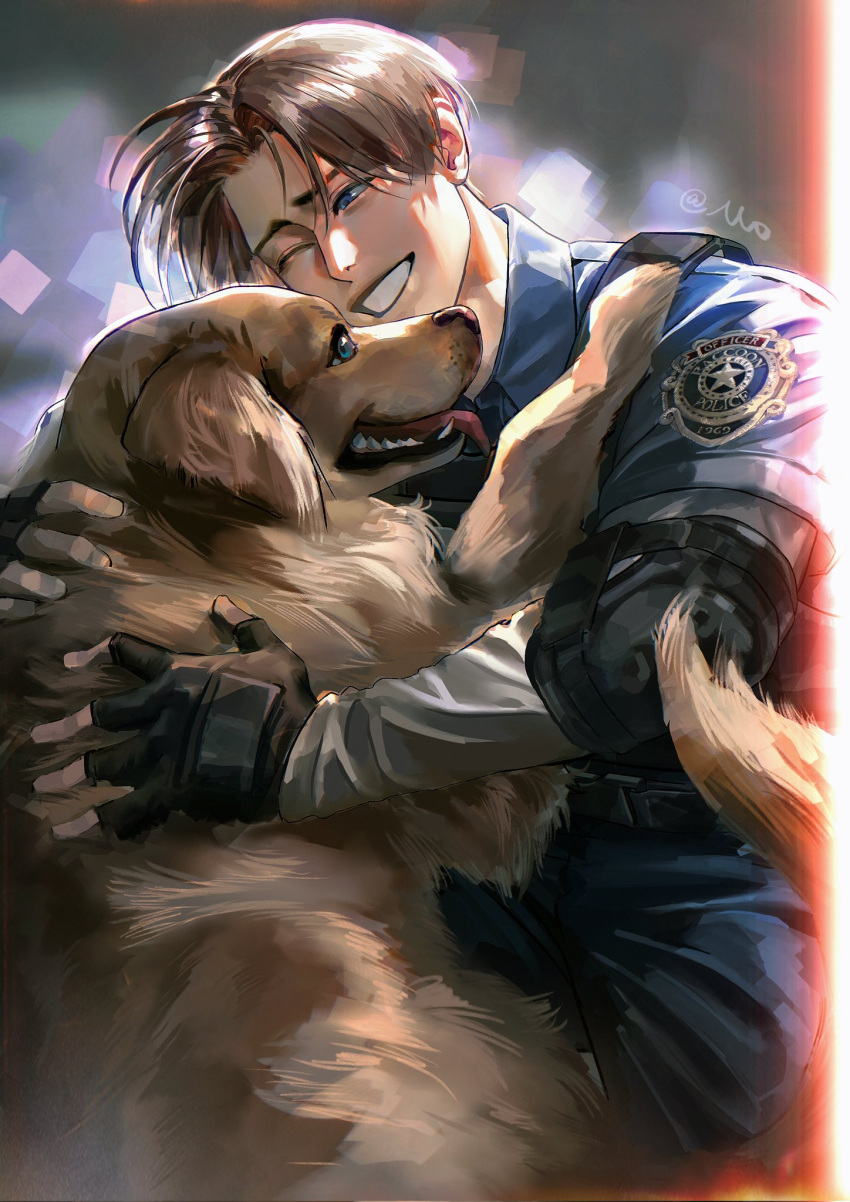 1boy, animal, animal_hug, black_gloves, blonde_hair, blue_eyes, blue_shirt, collared_shirt