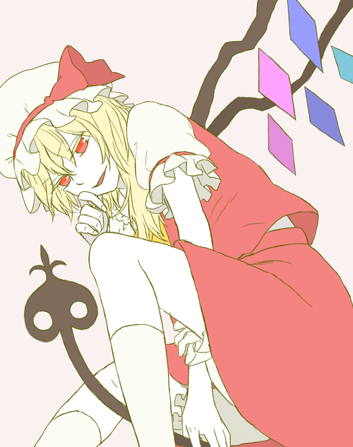 ascot, blonde_hair, flandre_scarlet, hand_on_face, hand_on_own_face, hat, hat_ribbon, hiramoto_(yamadaiwa)