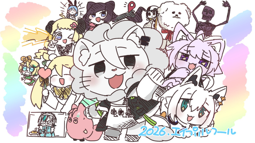 >_o, ahoge, animal_ear_fluff, animal_ears, animification, april_fools, arm_up, azki_(1st_costume)_(hololive), azki_(hololive), blonde_hair, cecilia_immergold, commentary_request, dog, fox_ears, fox_girl, green_eyes, hair_between_eyes, highres, hololive, hood, hood_up, horns, kazama_iroha, kazama_iroha_(magical_gozaru), long_hair, looking_at_viewer, mofukoyo_(hakui_koyori), mori_bonelliope, nekomata_okayu, nekomata_okayu_(cat), one_eye_closed, oozora_subaru, otonose_kanade, pekomama, purple_hair, rabbit_ears, rabbit_girl, rindo_chihaya, sheep_horns, shirakami_fubuki, shirakami_fubuki_(artist), shirakami_fubuki_(fox), shishiro_botan, shishiro_botan_(lion), sidelocks, simple_background, tsunomaki_watame, tsunomaki_watame_(young), violet_eyes, virtual_youtuber, wand, white_hair, winding_key