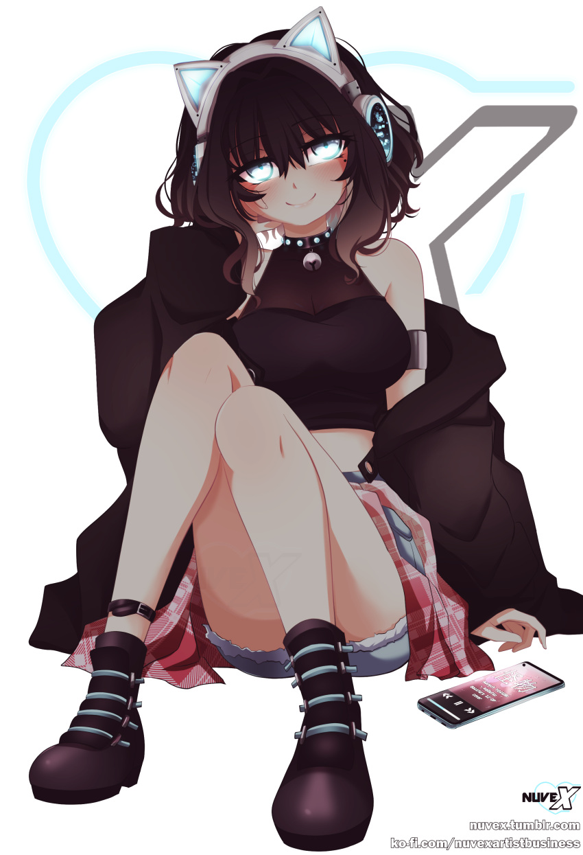 1girl, absurdres, animal_ear_headphones, animal_ears, ankle_boots, arm_at_side, arm_support, artist_self-insert