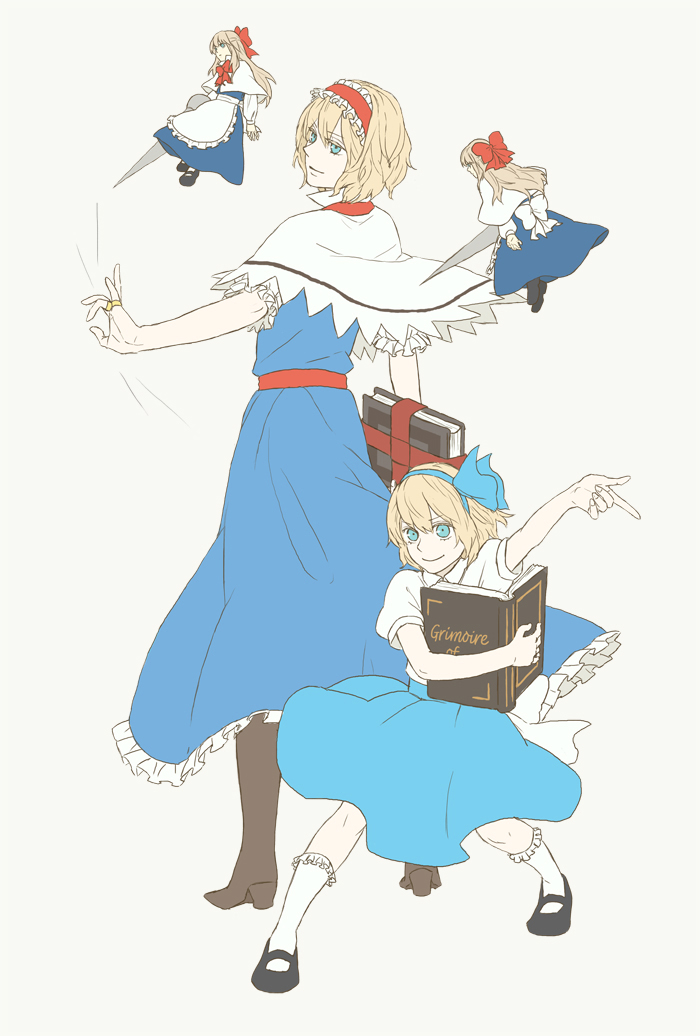 alice_margatroid, alice_margatroid_(pc-98), bobby_socks, book, boots, bow, capelet, child, doll, dress, dual_persona, grimoire, hair_bow, hairband, hiramoto_(yamadaiwa), jewelry, mary_janes, multiple_girls, polearm, ring, shanghai_doll, shoes, socks, spear, string, time_paradox, touhou, touhou_(pc-98), weapon, white_legwear, young