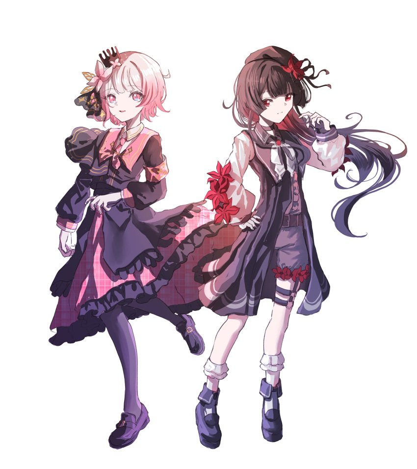 2girls, absurdres, beret, black_dress, black_hair, black_hat, black_pantyhose, black_shirt