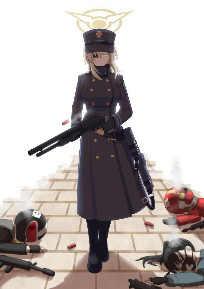 4girls, absurdres, black_coat, black_gloves, black_hair, black_hat, blonde_hair, blue_archive