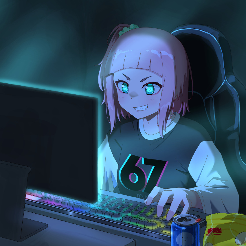 1girl, absurdres, arched_bangs, can, clenched_teeth, commentary, computer_keyboard, dated_commentary