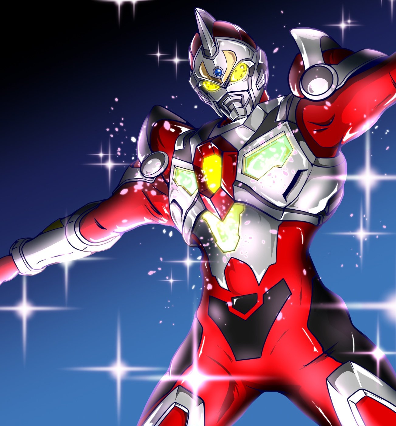 1boy, armor, commentary_request, denkou_choujin_gridman, glowing, glowing_eyes, gridman_(character), gridman_(denkou_choujin)