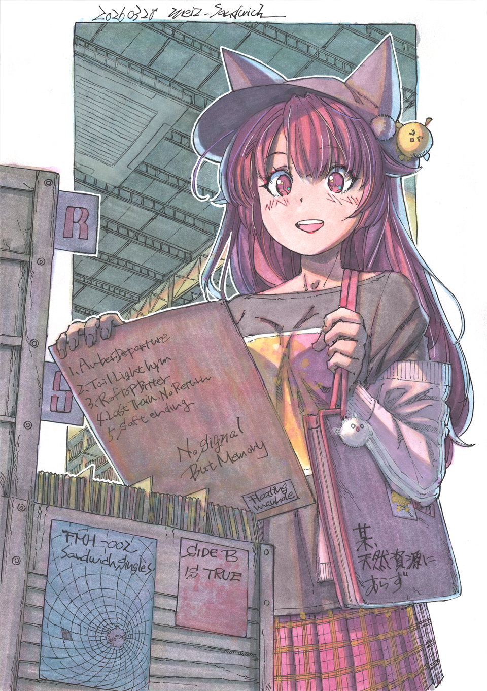 1girl, ahoge, animal_ears, asymmetrical_bangs, bag, blush, border, breasts, commentary_request, dated, english_text, fox_ears, fox_girl, from_below, happy, hat, hat_charm, hat_with_ears, highres, holding_record, holding_strap, indoors, industrial, jacket, jacket_partially_removed, long_hair, making-of_available, marker_(medium), medium_breasts, meiz, music_shop, original, outline, painting_(medium), pink_jacket, pink_skirt, pleated_skirt, print_shirt, red_eyes, red_lips, shikishi, shirt, shop, shoulder_bag, signature, skirt, slit_pupils, solo, traditional_media, vinyl_record, watercolor_(medium), white_border, white_outline