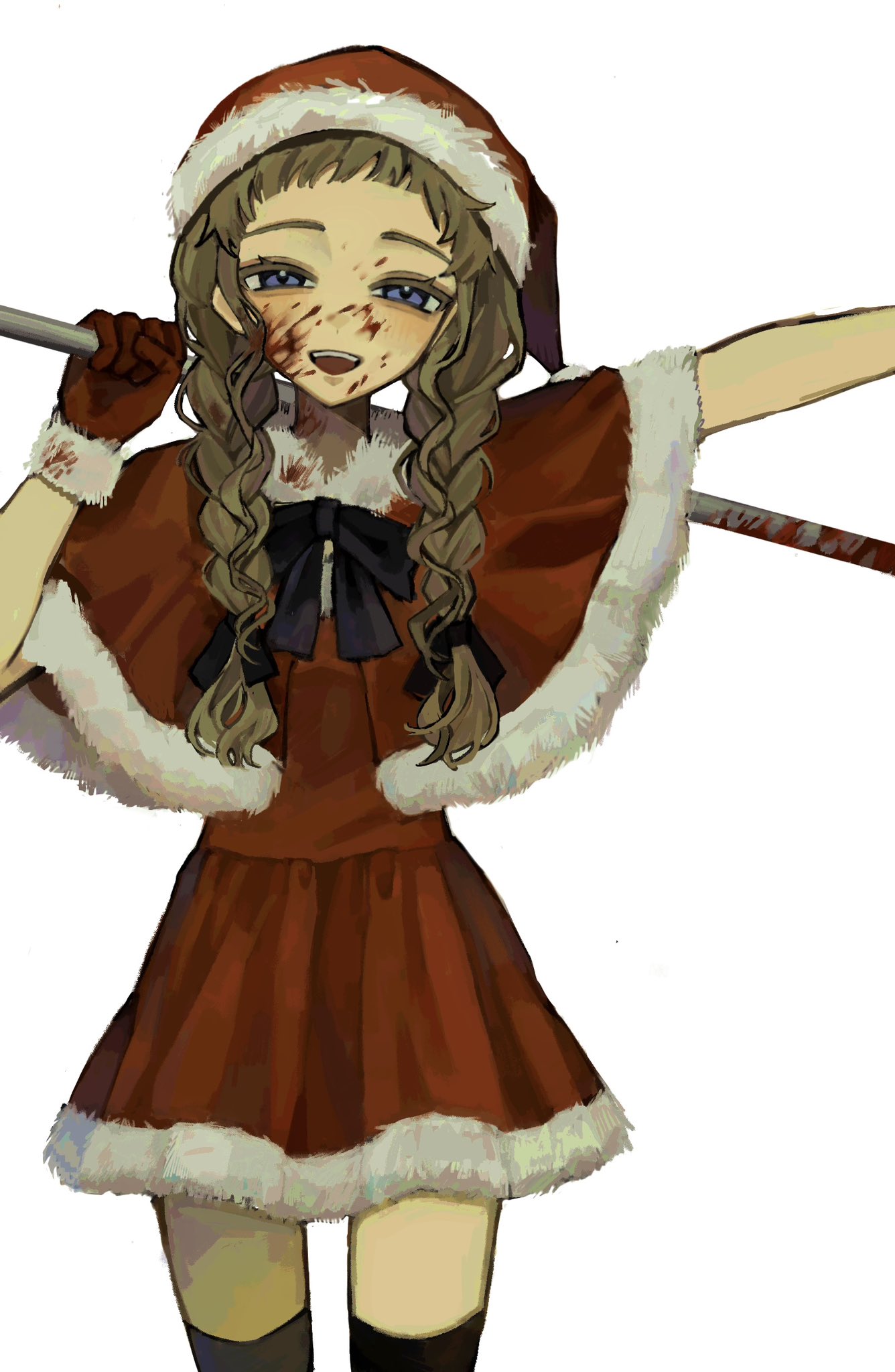 1girl, alternate_costume, alternate_hairstyle, blood, blood_on_face, braid, brown_hair, commentary_request