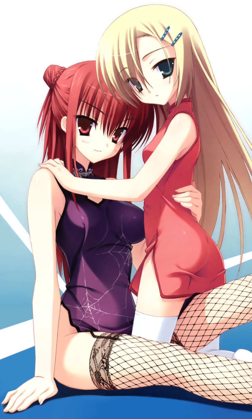 2girls, absurdres, barrette, blonde_hair, breasts, china_dress, chinese_clothes, empty_x_embryo