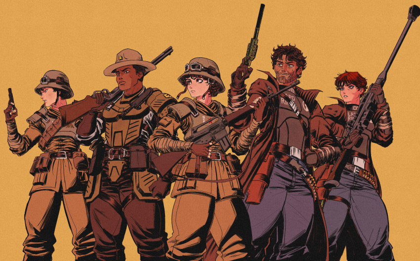 2boys, 3girls, absurdres, anti-materiel_rifle, assault_rifle, bandolier, belt, coat