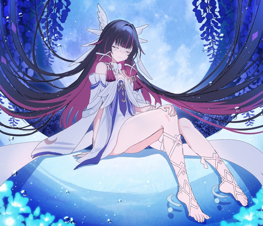 1girl, angel_wings, ass_visible_through_thighs, bare_legs, bare_shoulders, barefoot, black_hair, blue_dress