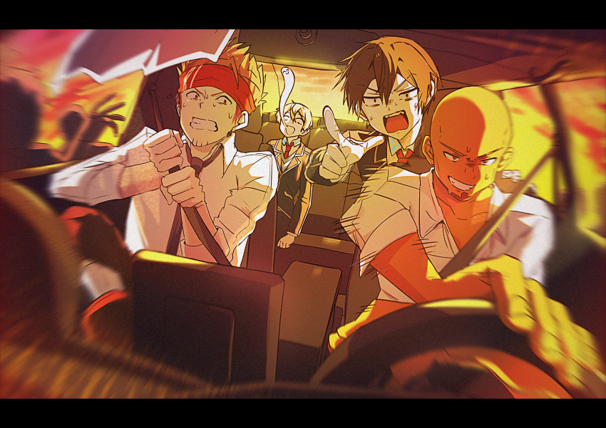 4boys, :d, absurdres, agil, bandana, black_hair, black_jacket, black_necktie, black_pants, blonde_hair, brown_hair, car_interior, clenched_teeth, collarbone, commentary_request, constricted_pupils, dark-skinned_male, dark_skin, double-parted_bangs, driving, dutch_angle, empty_eyes, eugeo, giving_up_the_ghost, grin, hair_between_eyes, highres, jacket, kamineko_2820, kirito, klein_(sao), looking_at_another, male_focus, messy_hair, multiple_boys, necktie, nervous, open_mouth, pants, pointing, pointing_at_viewer, red_bandana, red_necktie, sao_survivor_school_uniform, scared, school_uniform, shirt, short_hair, short_sleeves, sitting, sky, smile, sweat, sword_art_online, sword_art_online:_alicization, teeth, three-quarter_sleeves, time_paradox, upper_body, upper_teeth_only, v-shaped_eyebrows, white_shirt, wide_mouth, wing_collar, yellow_sky